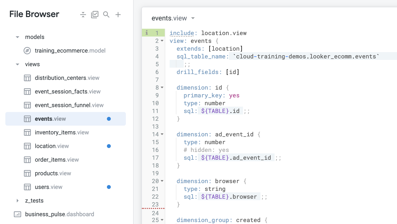 The open updated events.view file which includes 25 lines of code