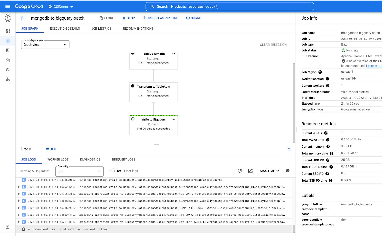 The Job Graph tabbed page, which includes the Dataflow Job status Running, along with the job logs.