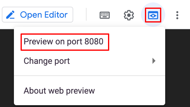 Expanded web preview menu with the Preview on port 8080 option highlighted