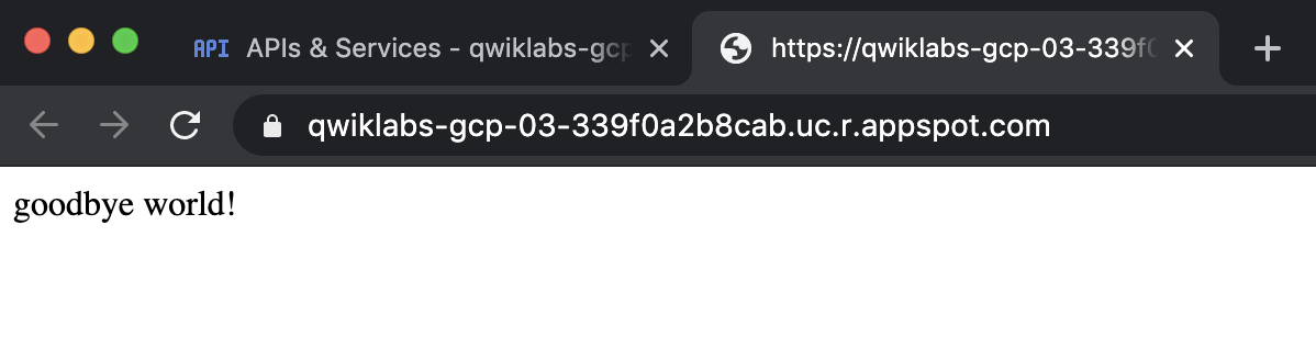 A web page displaying the text &quot;goodbye world!&quot;.