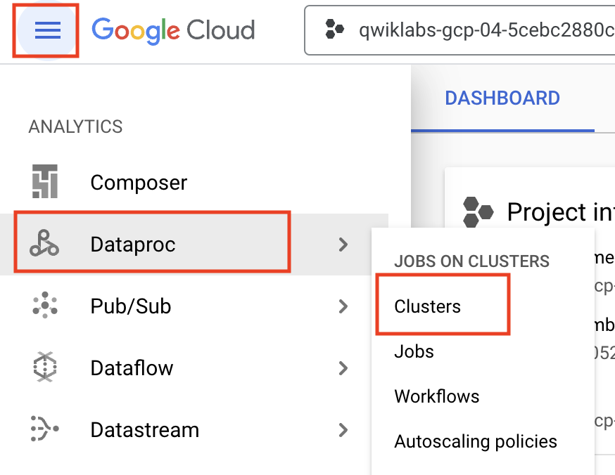 Expanded Navigation menu highlighting the Dataproc submenu and Cluster option