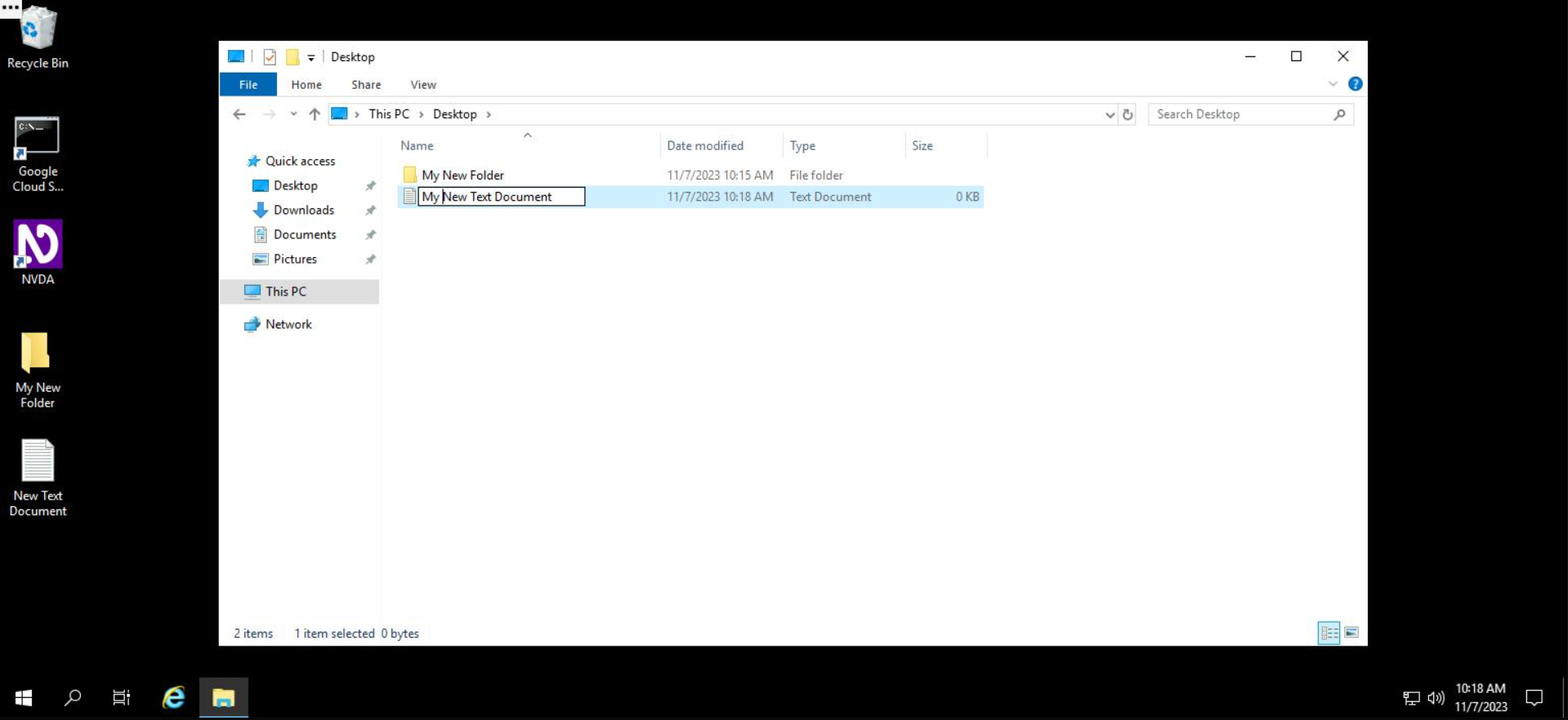 Screenshot of a Windows desktop, open to File Explorer. Within File Explorer, the user has typed the text document name "My New Text Document", which is stored on Desktop of This PC.