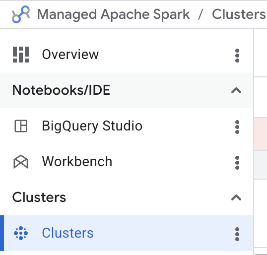 The Managed Service for Apache Spark menu with the Clusters option highlighted