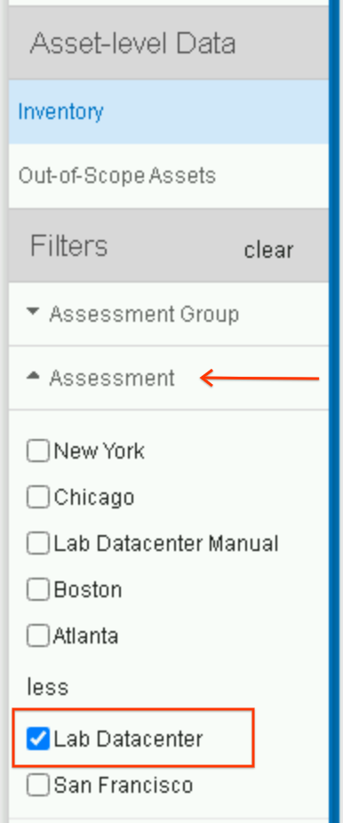 The Filters menu, wherein the options Lab Datacenter is highlighted within the Assessment sub-menu.