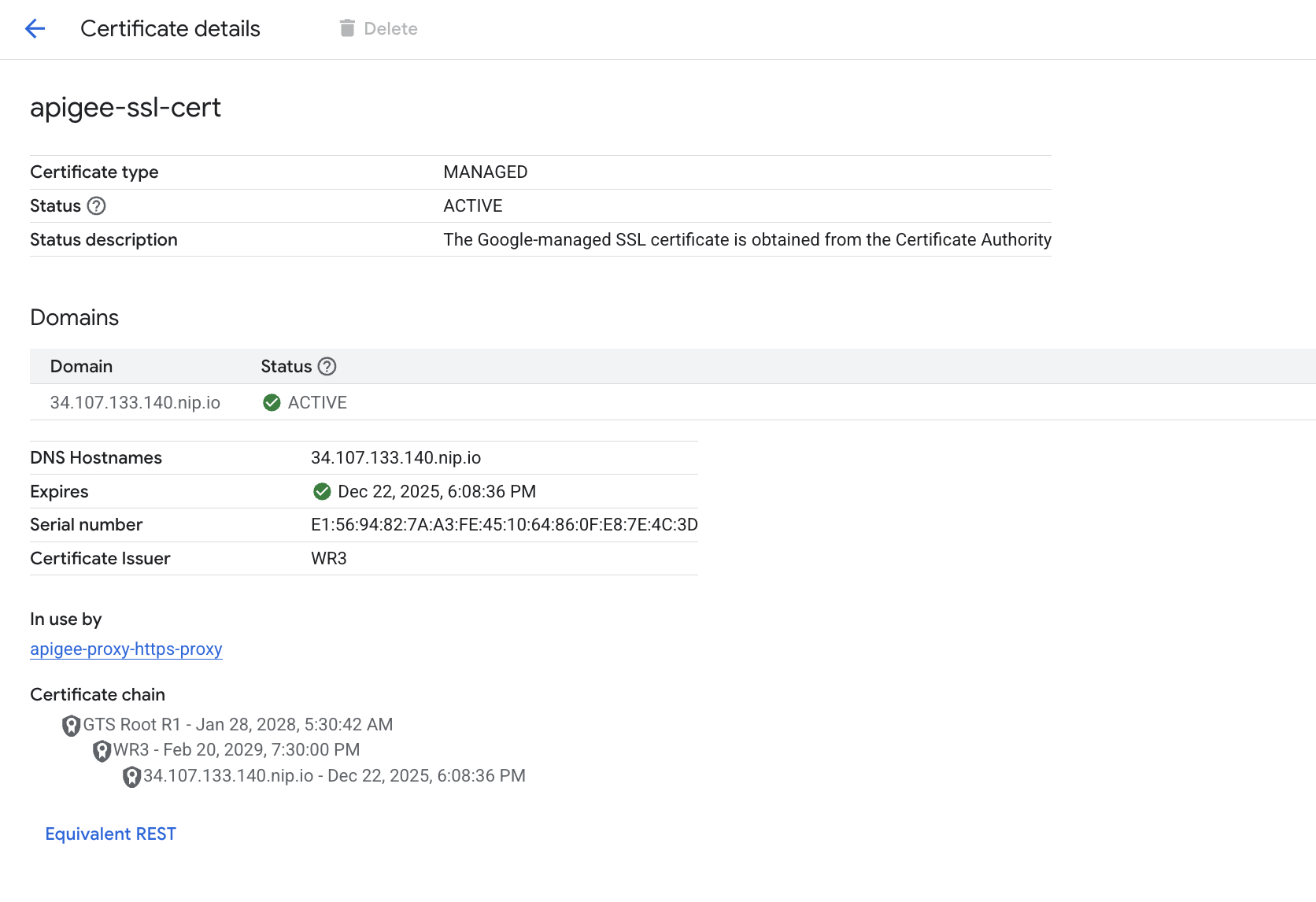 The active certification configuration settings, including that of the status, type, and certificate chain.