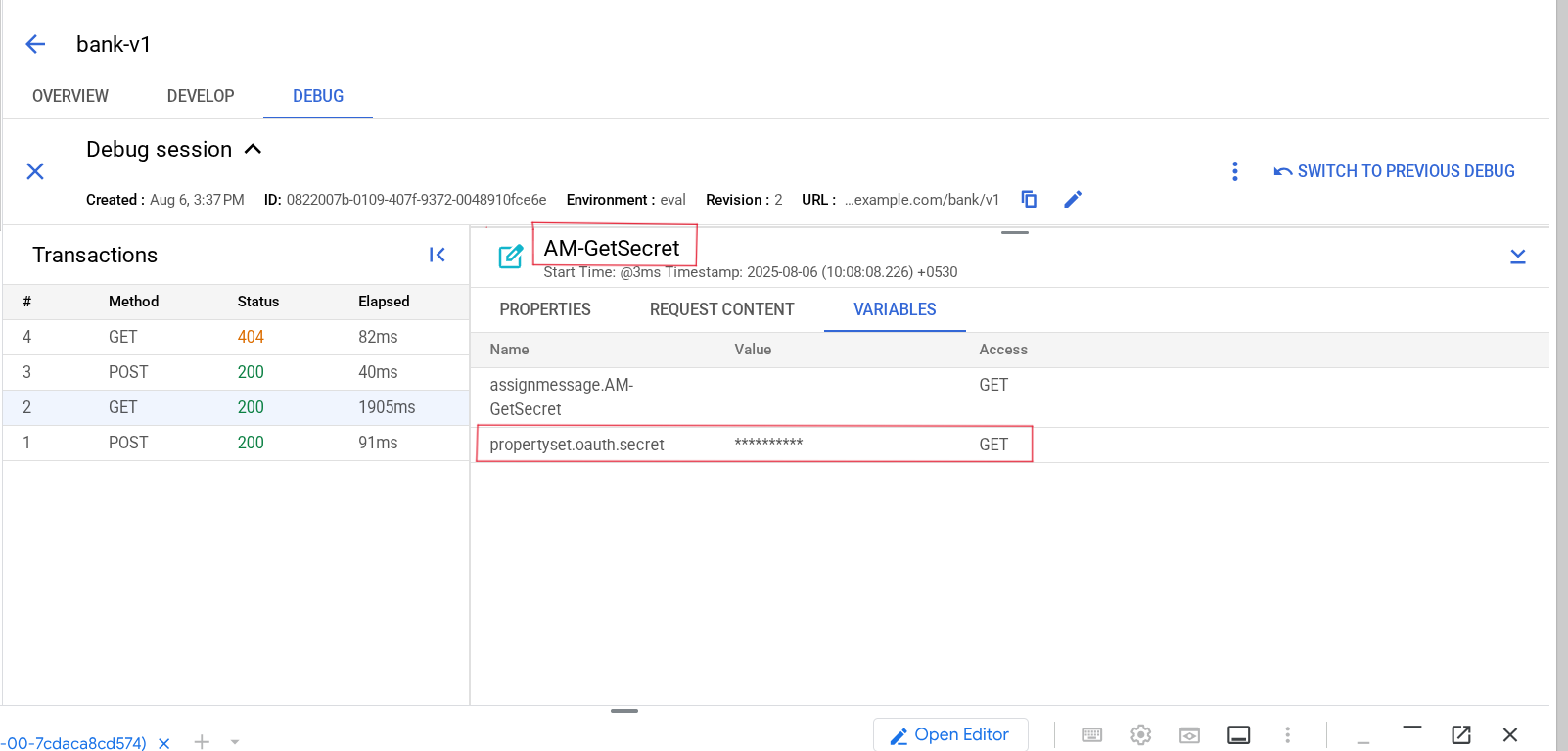 The propertyset.oauth.secret variable in hidden mode.