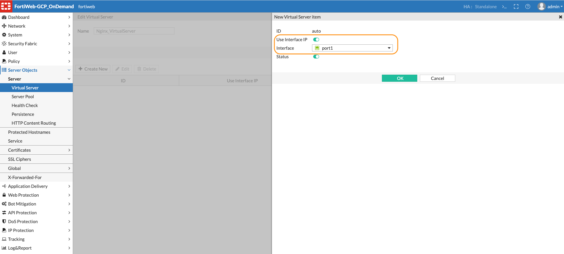 FortiWeb Virtual Server Item Interface