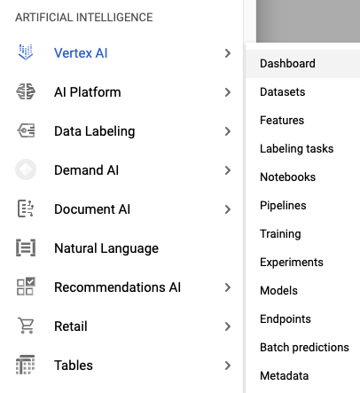 Vertex AI > Dashboard menu selection