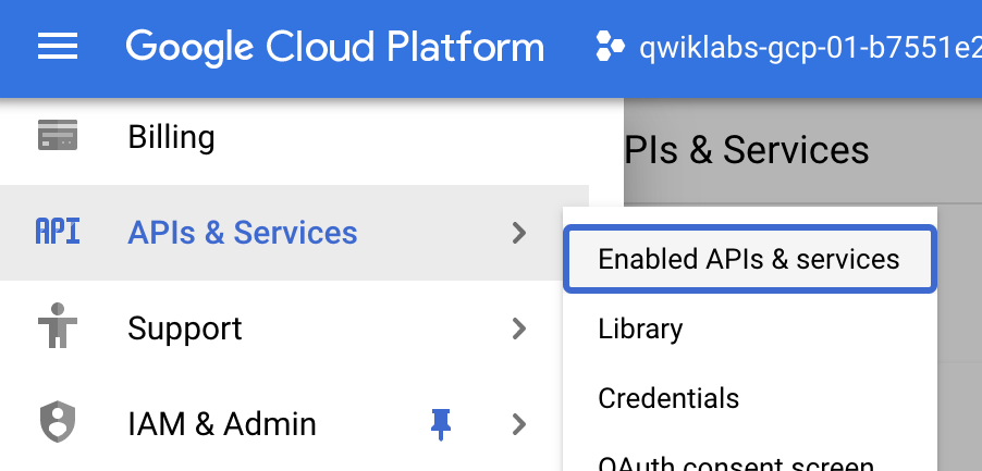 The Enabled APIs and services option highlighted within the APIs and Services menu.
