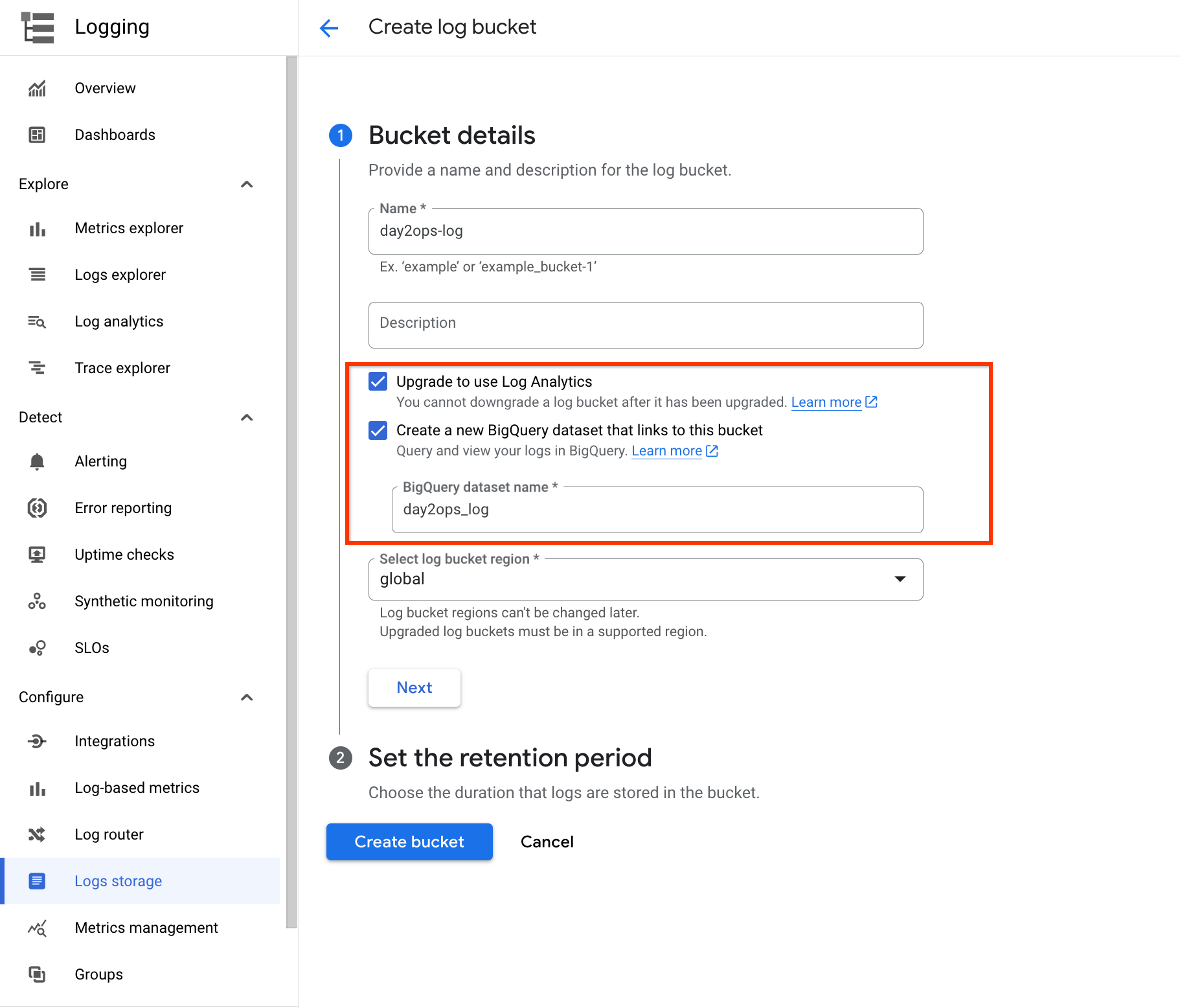 painel de detalhes do bucket com 2 caixas de seleção marcadas