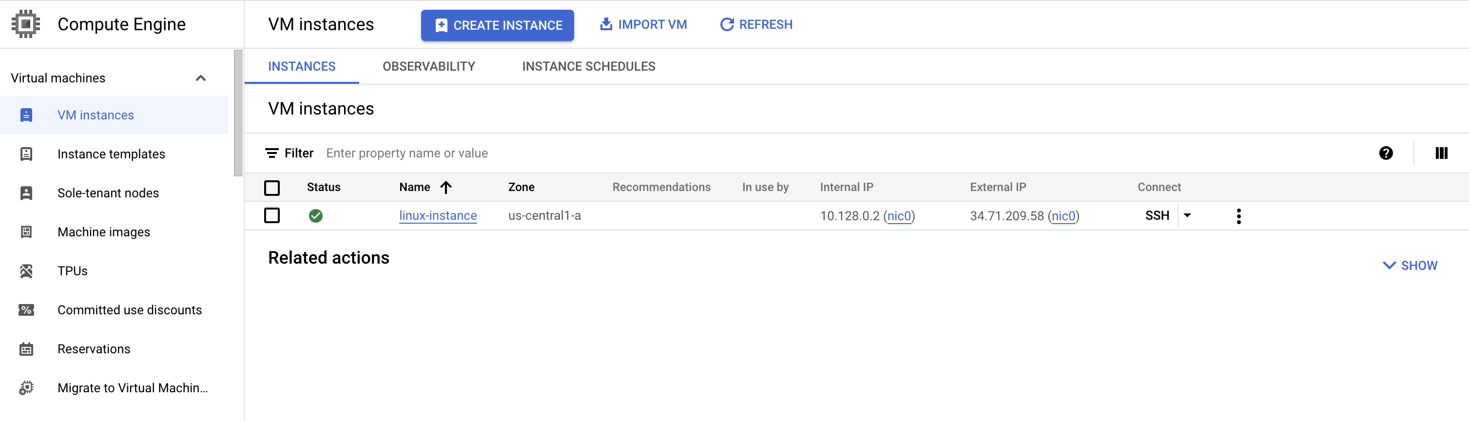 Page des instances de VM