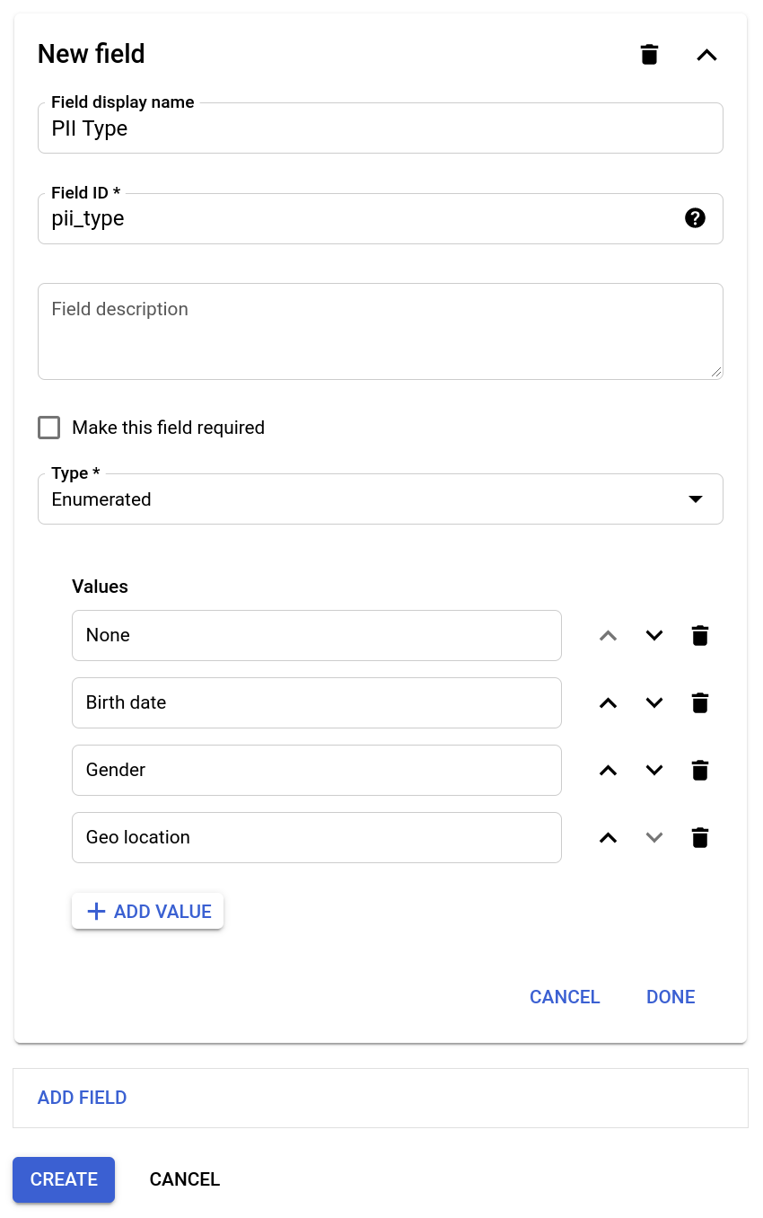 The New field dialog displaying the aforementioned values
