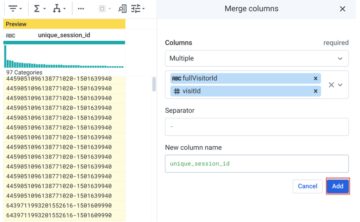 “Merge columns”（合并列）面板