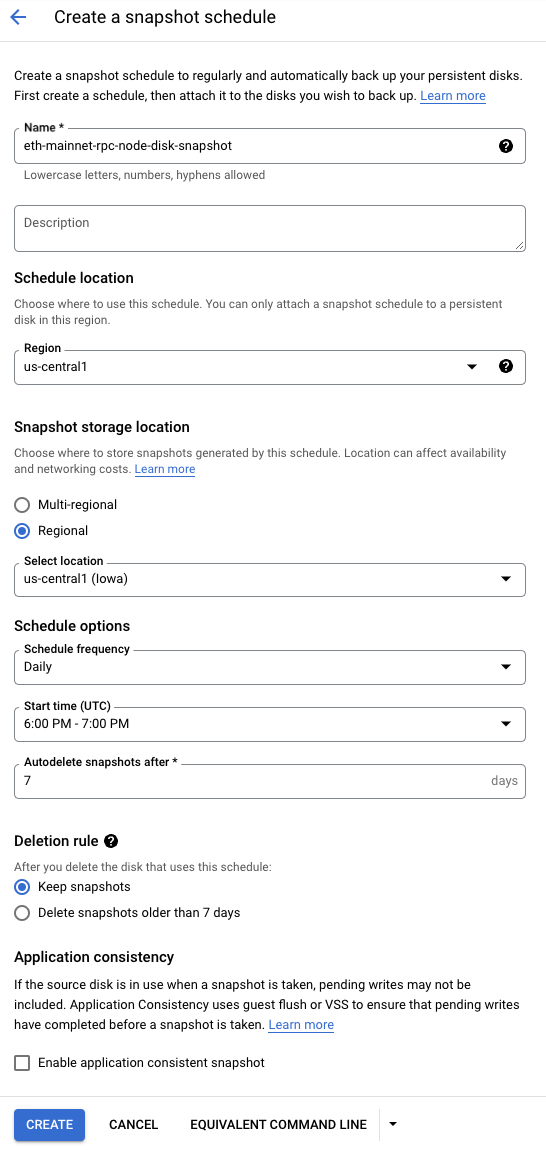 The Create a snapshot schedule page, which includes the aforementioned fields