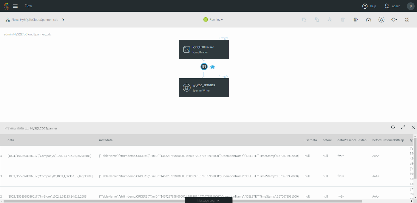 The Flow page, which displays the status: Running.