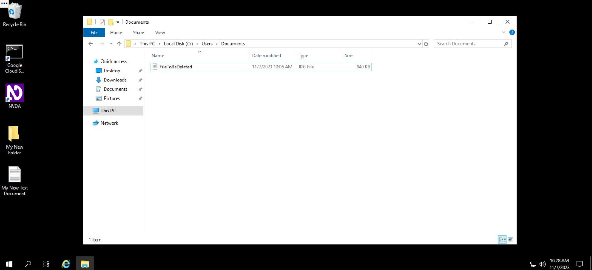 Screenshot of File Explorer in the "Documents" folder. Within the folder, there is no longer a folder called "Folder to be deleted". There is still a text document called "File to be deleted".