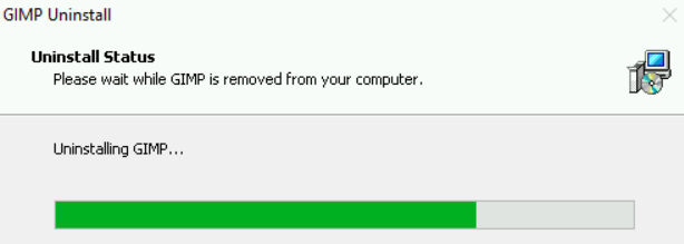 Screenshot of GIMP Uninstall process, with "Uninstalling GIMP..." progress bar.