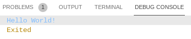 The debug console displaying the output: Hello World!