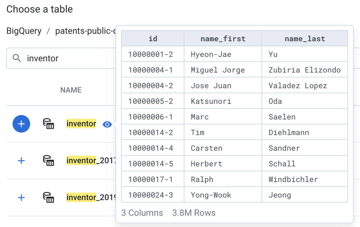 Inventor table preview