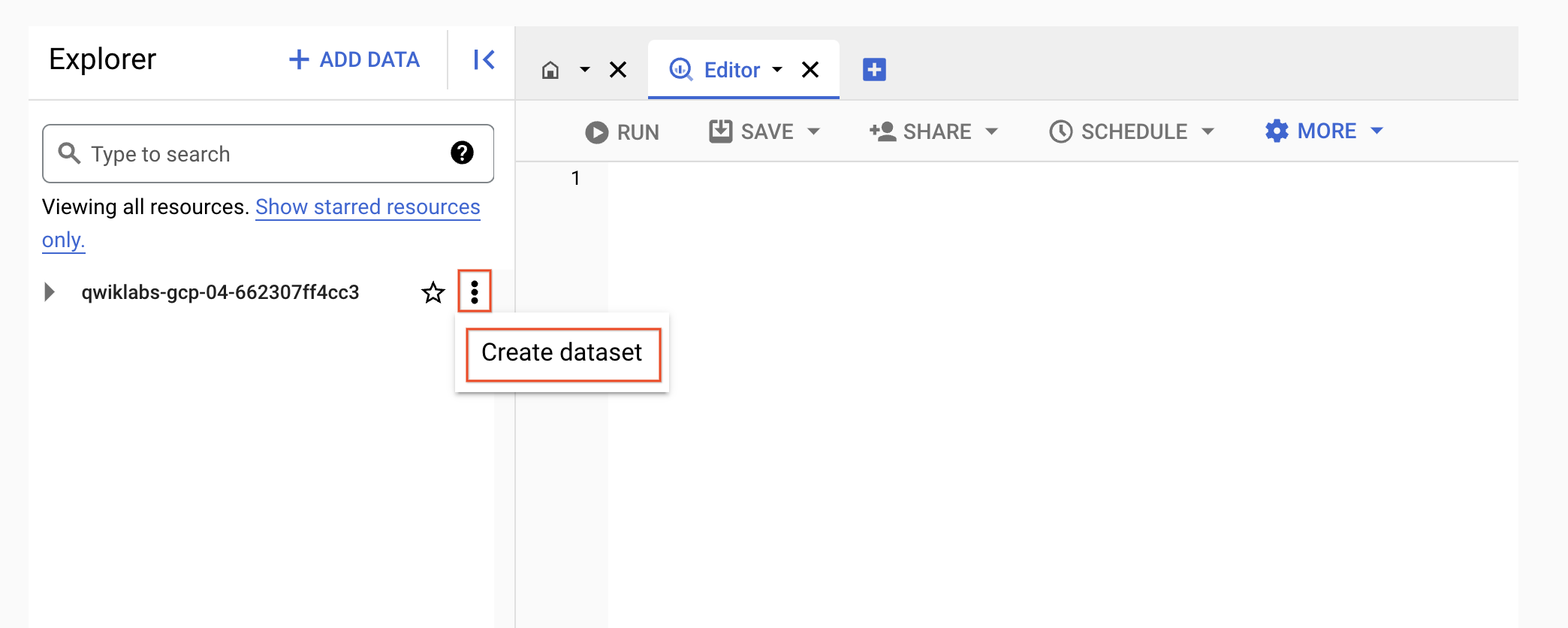 BigQuery console with the View actions icon and the Create dataset menu option highlighted