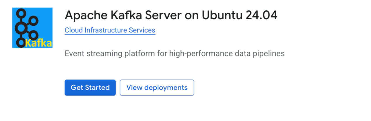 The Apache Kafka Server on Ubuntu Server 24.04 populated within the Marketplace, which includes the Launch and View Past Deployment buttons.