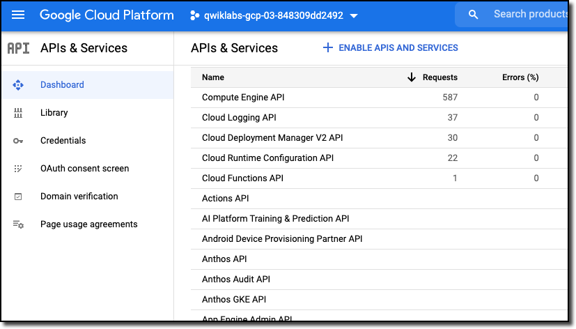 APIs and Services dashboard with several enabled services listed.