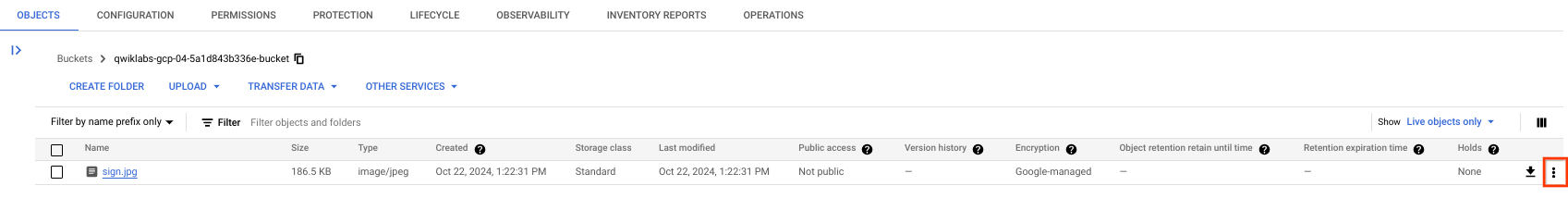 Objects tab with uploaded sign image file, and more options button highlighted