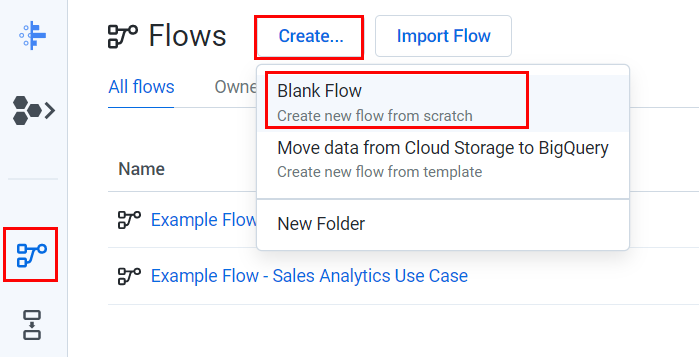 Flows icon, Create button, Blank Flow option