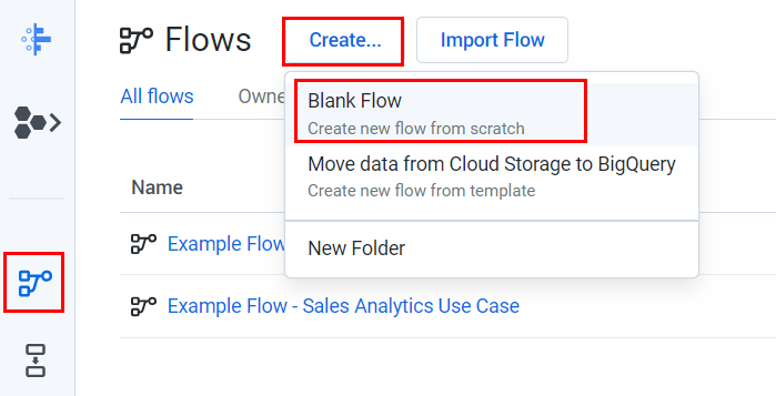 Icône des flux, bouton &quot;Create&quot; (Créer) et option &quot;Blank Flow&quot; (Flux vide)