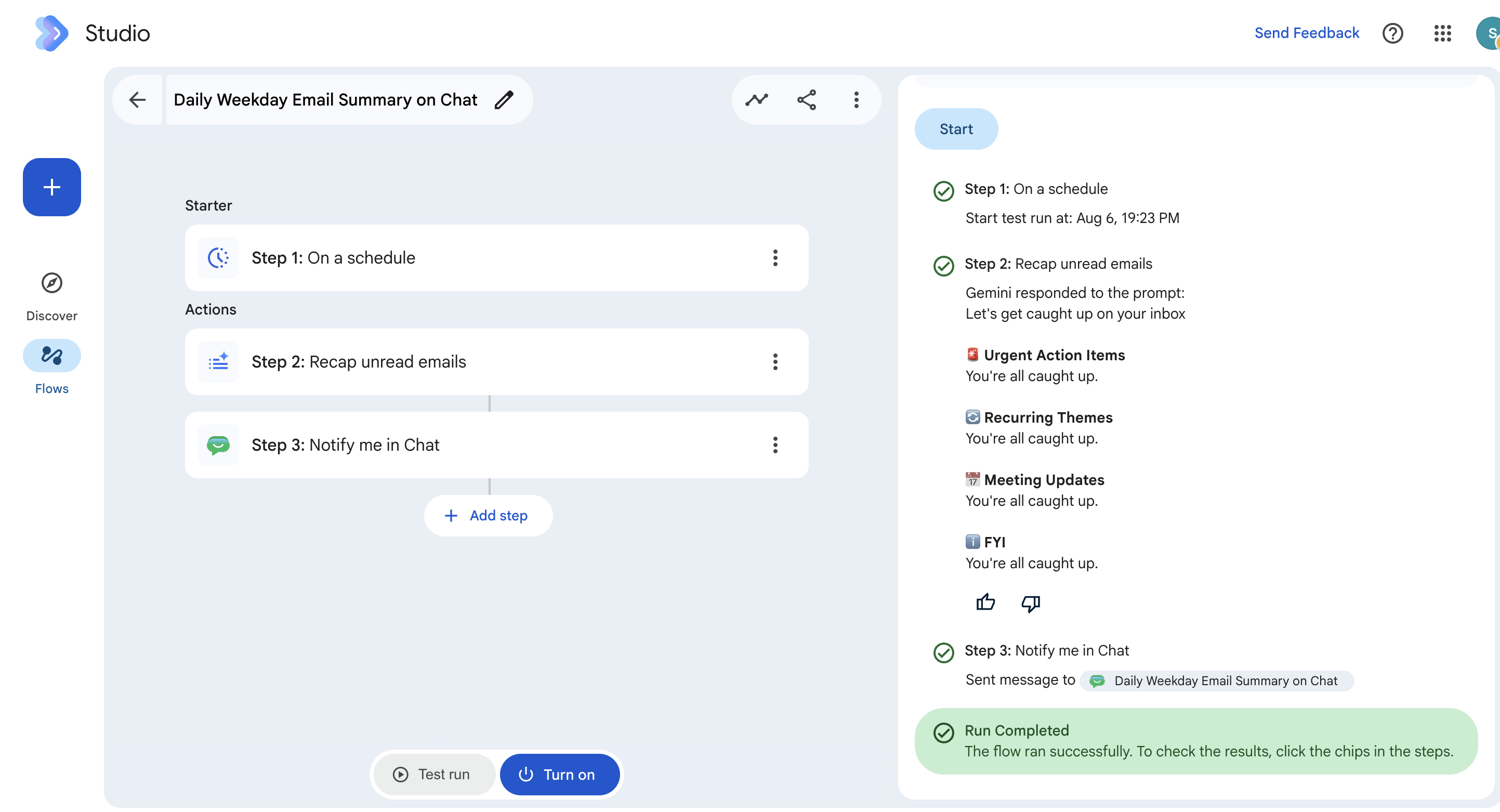 flow edit box with successful run completed message