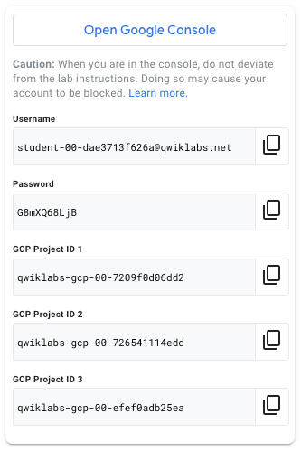 The Lab Details panel with credentials for multiple projects listed