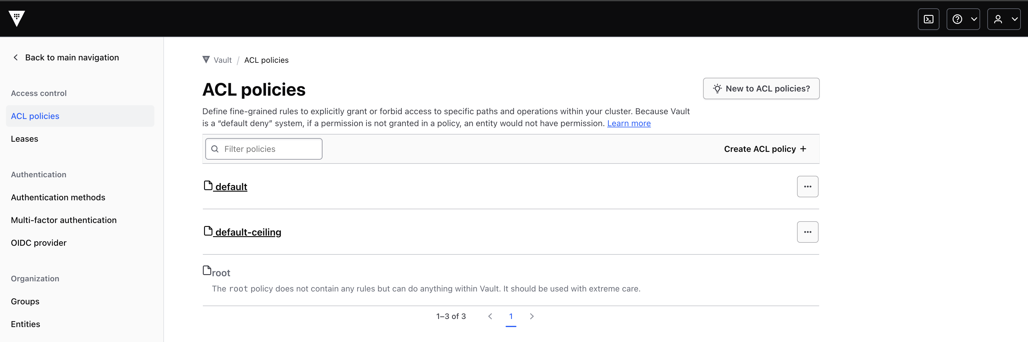 ACL Policies page, which lists the two ACL policies.