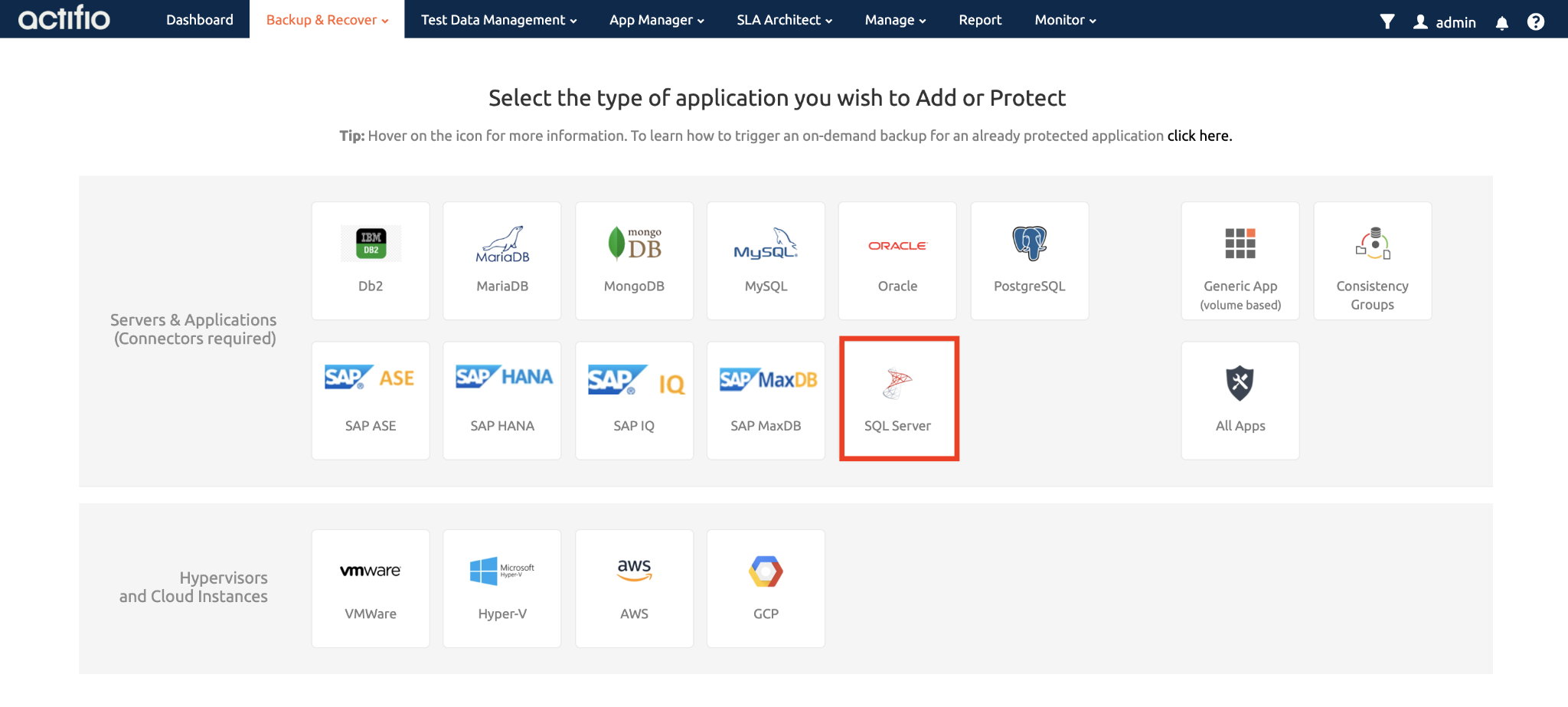 The highlighted SQL Server tile within a list of applications on the Backup and Recover page.