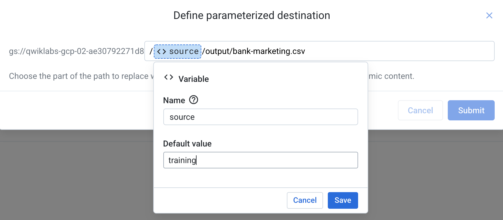 Define parameterized destination page with sourcce name and default value highlighted