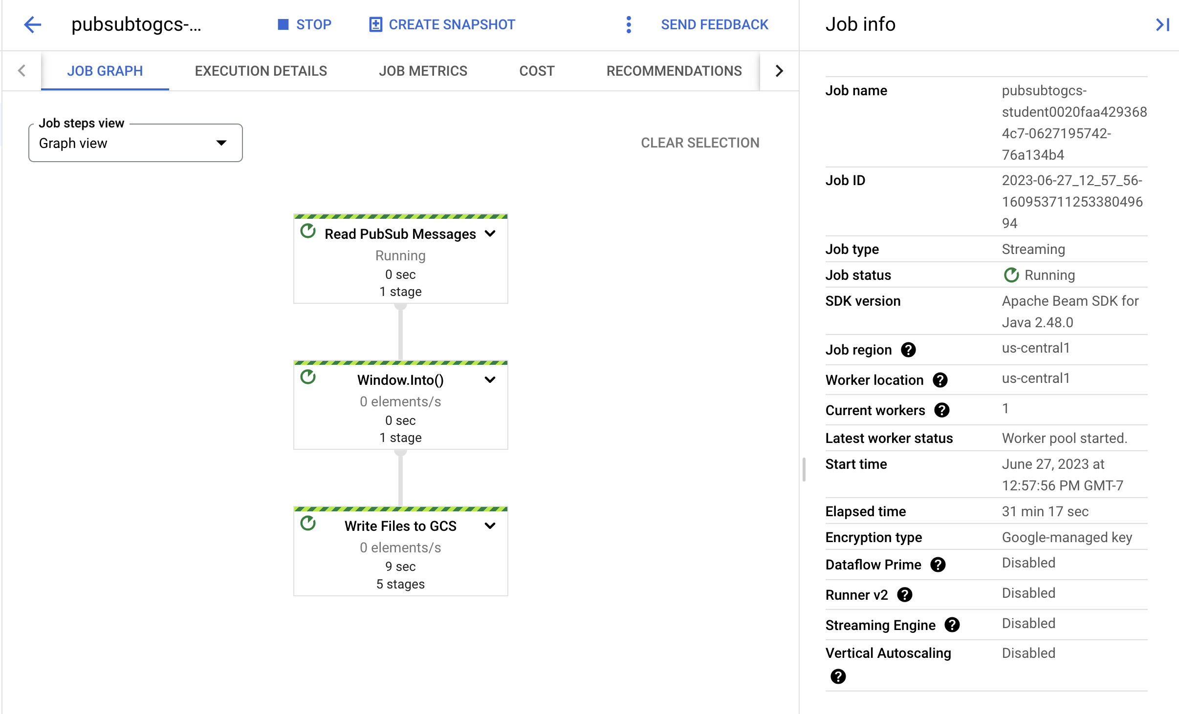 Job page displaying the Job summary information