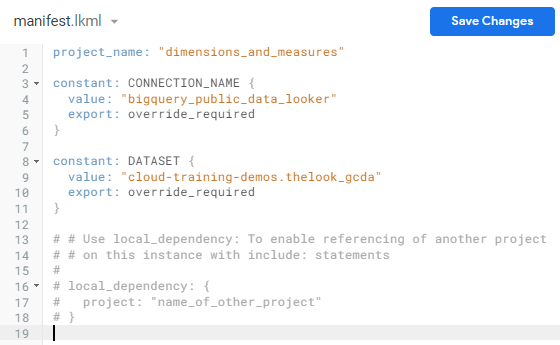 O arquivo manifest.lkml, que agora inclui o snippet de código abaixo da linha project_name.