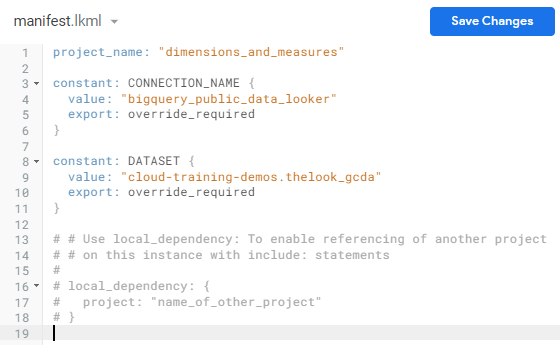 The manifest.lkml file, which now includes the code snippet below the project_name line.