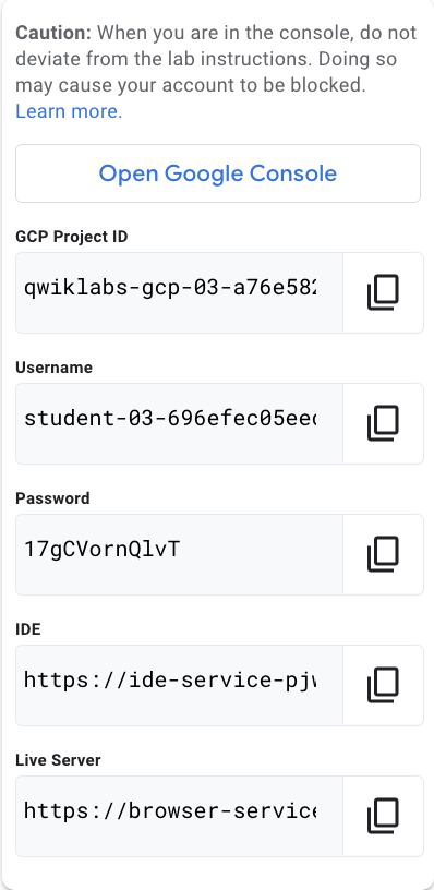 The Lab Details panel displaying the credentials for  GCP Project ID, Flutter Editor, and Flutter Device