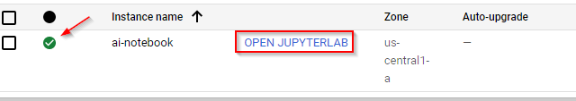 Open Jupyterlab link highlighted on the instance page