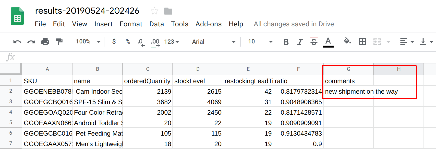 comments column highlighted in the spreadsheet