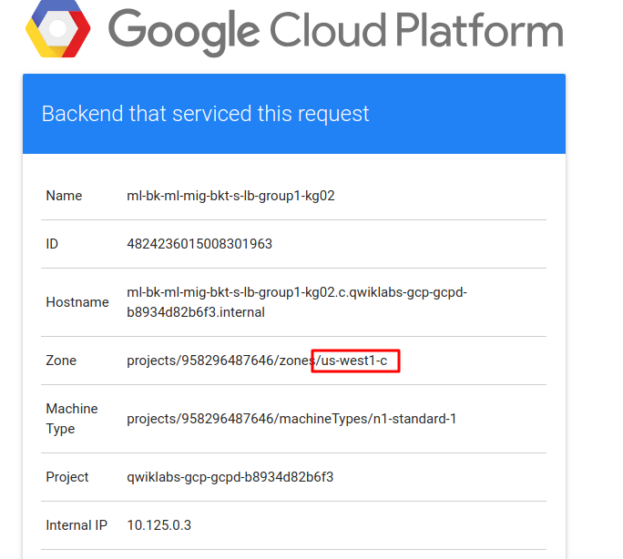 Webpage showing Google Cloud logo and instance details from the group in us-west1