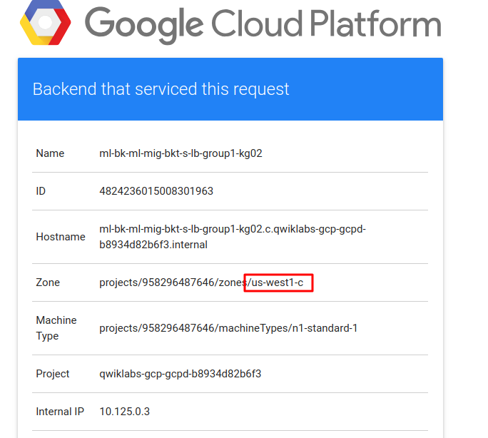 /us-west1-c highlighted in the zone name: projects/958296487646/zones/us-west1-c