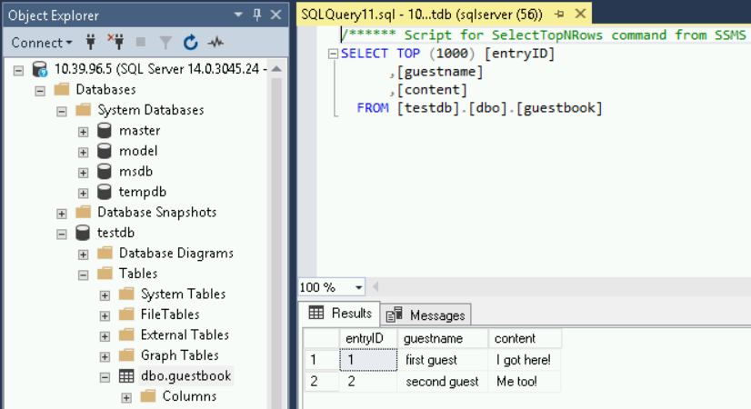 SQLQuery Results tab outputs a two-row table