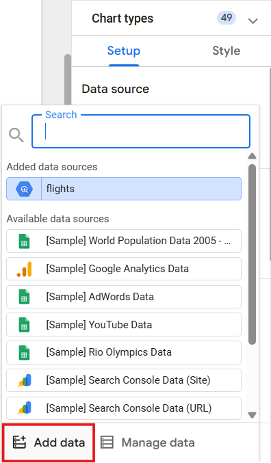 The Data source drop-down list with Add data highlighted