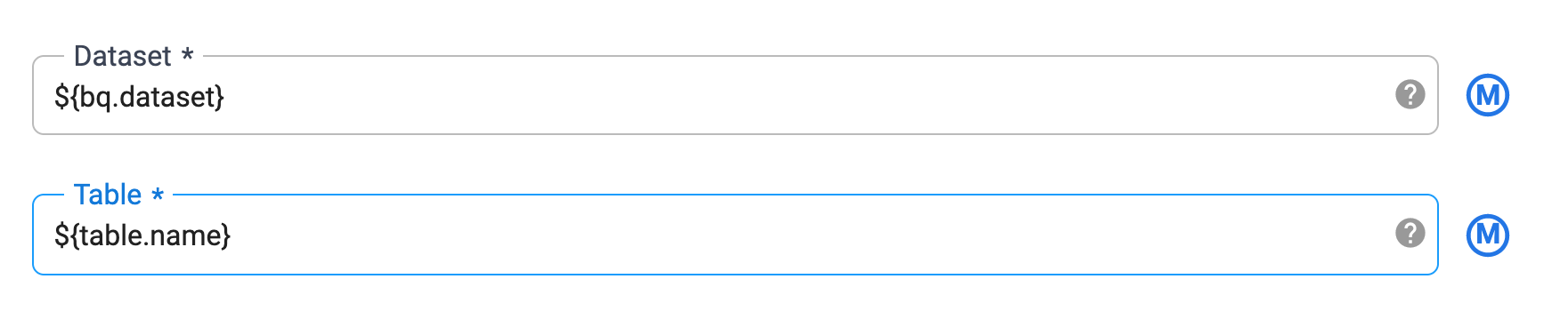 Dataset and table name fields