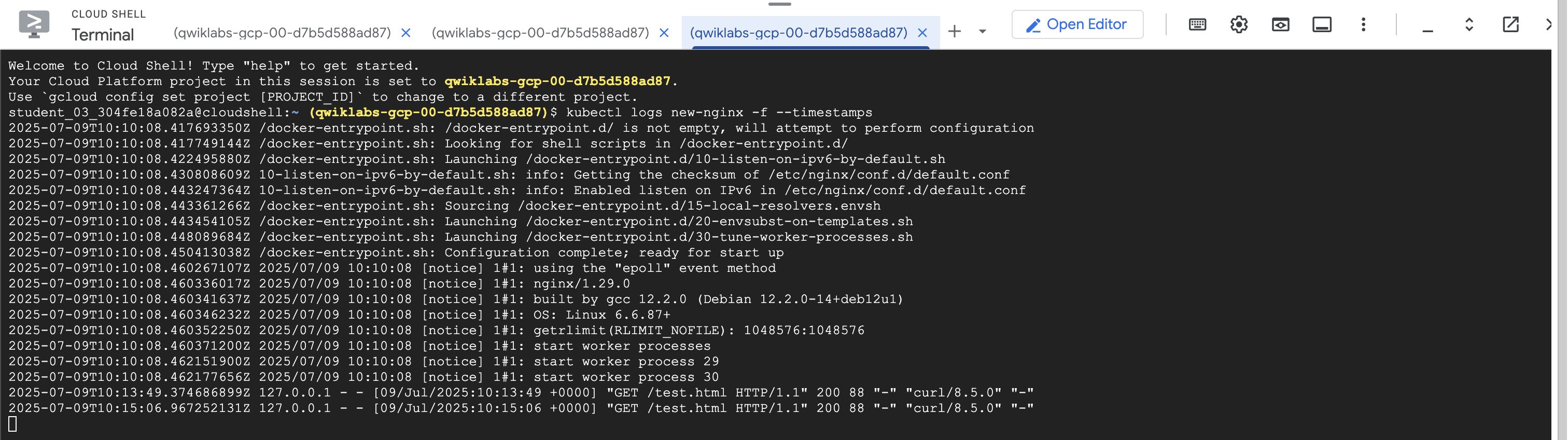 Third Cloud Shell window displaying additional log messages