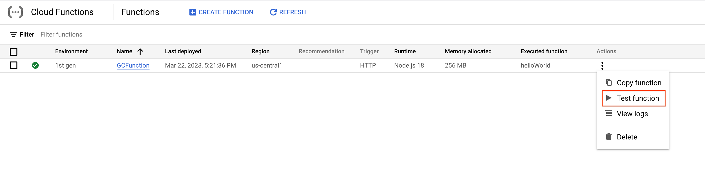 Cloud Functions Overview page