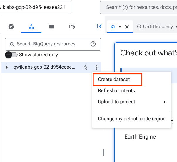 BigQuery Console, View actions icon highlighted and Create dataset option highlighted