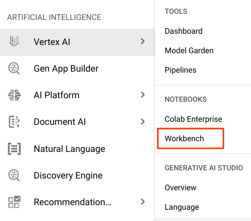 Menu de navegação expandido com a opção de Workbench em destaque