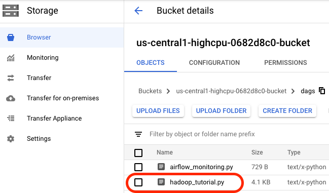hadoop_tutorial.py file highlighted on the Objects tab of the Bucket details page